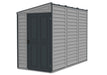 A Duramax The SideMate 4x8 Vinyl Shed - 36625 storage shed with a door. frontside angle in white background