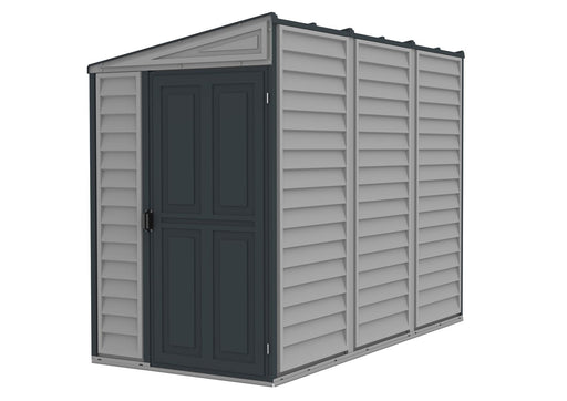 A Duramax The SideMate 4x8 Vinyl Shed - 36625 storage shed with a door. frontside angle in white background
