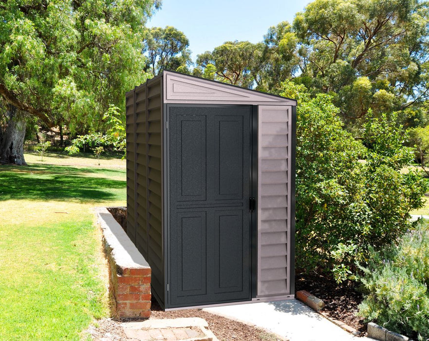 A Duramax The SideMate 4x8 Vinyl Shed - 36625 with a black door. placed outdoors closed door