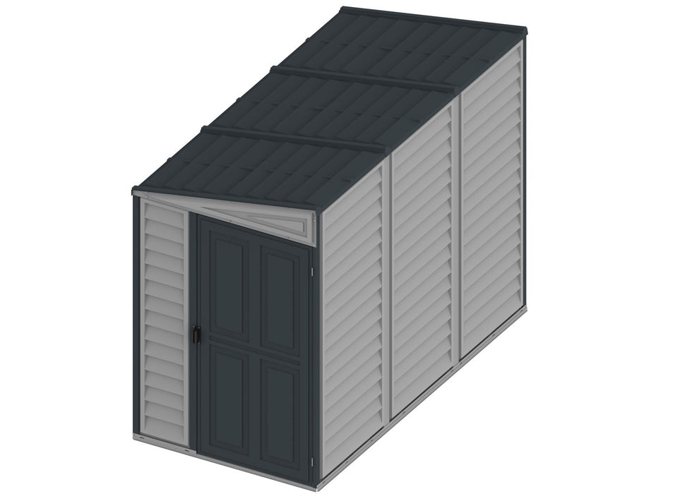 A Duramax The SideMate 4x8 Vinyl Shed - 36625 on a white background. top side angle