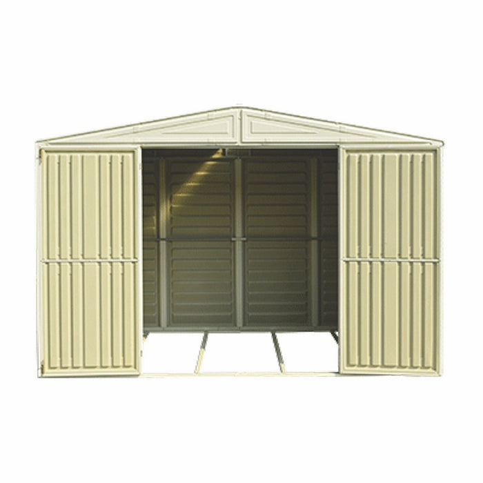 Duramax Woodbridge 5 - 10.5'x5' w/ Foundation - Backyard Oasis doors open; empty inside; on a white background