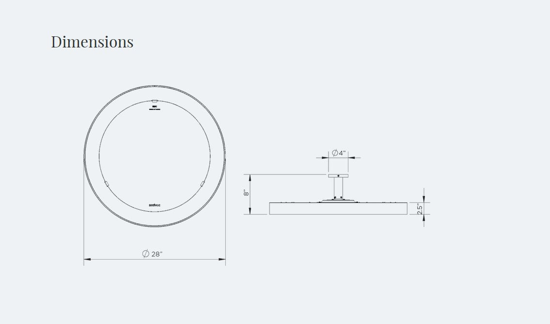 Technical drawing detailing the dimensions of the Bromic Eclipse Electric Heater, showing its circular shape and mounting pole measurements