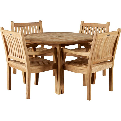 A Tortuga Outdoor Jakarta 5-Piece Dining Teak Set with four chairs.
