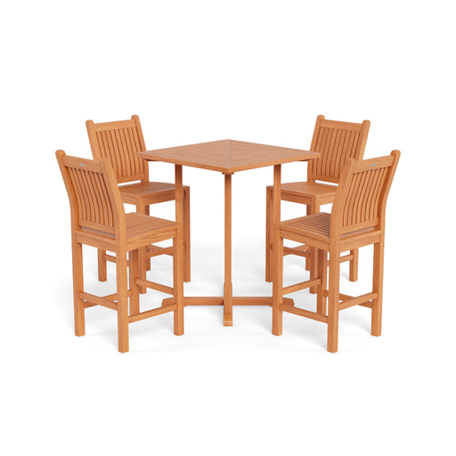 A durable Tortuga Outdoor Jakarta 5-Piece Teak Wood Bar Set, perfect for outdoor patio furniture.