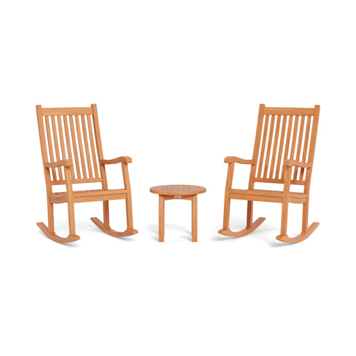 Introducing the Tortuga Outdoor Jakarta 3-Piece Wood Rocking Chair Set, a Tortuga Outdoor outdoor wicker furniture set renowned for its durable construction. This set includes two rocking chairs and a table, all made by Tortuga Outdoor.