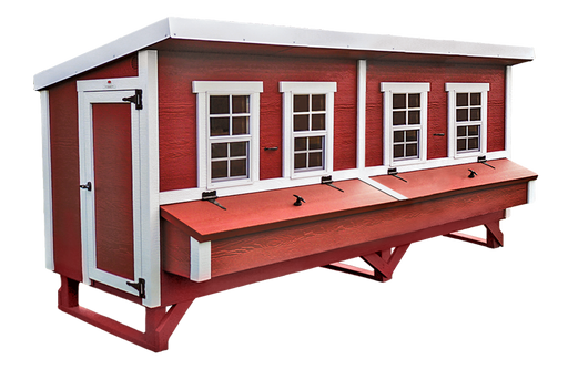 Side view of the red and white OverEZ Chicken Coop from the Jumbo Flock Bundle Basic, suitable for a large flock with multiple nesting boxes.