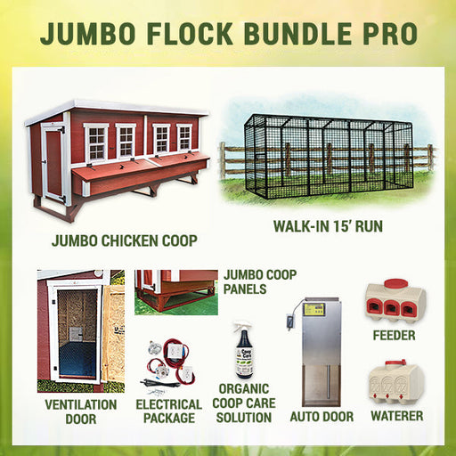 The comprehensive OverEZ Jumbo Flock Bundle Pro package, featuring a chicken coop, run, feeder, waterer, and cleaning products.