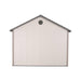 A Lifetime 11 Ft. X 11 Ft. Outdoor Storage Shed - 6433, which is white and gray, on a white background.