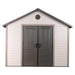 A Lifetime 11 Ft. X 11 Ft. Outdoor Storage Shed - 6433 with doors and windows.