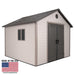 A Lifetime 11 Ft. X 11 Ft. Outdoor Storage Shed - 6433 with an american flag on it.