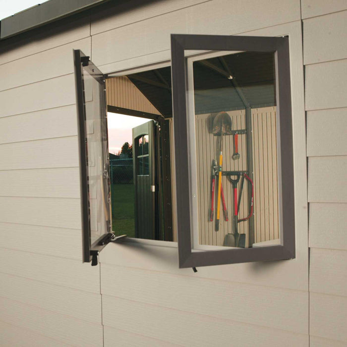 A Lifetime 11 Ft. X 11 Ft. Outdoor Storage Shed - 6433 with windows open showing the tools inside