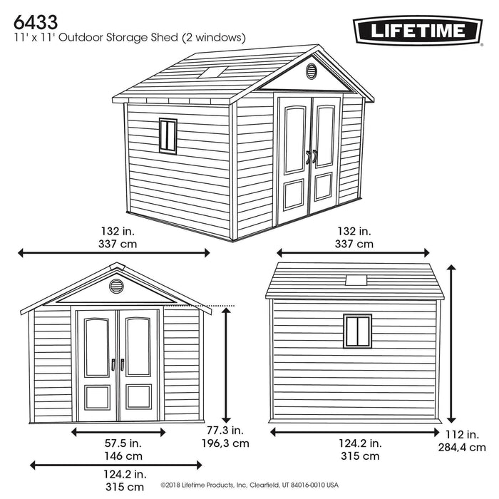 A diagram showing the dimensions of a Lifetime 11 Ft. X 11 Ft. Outdoor Storage Shed - 6433.