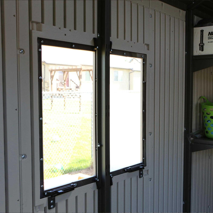 A Lifetime 11 Ft. X 11 Ft. Outdoor Storage Shed - 6433 with a door and a window.