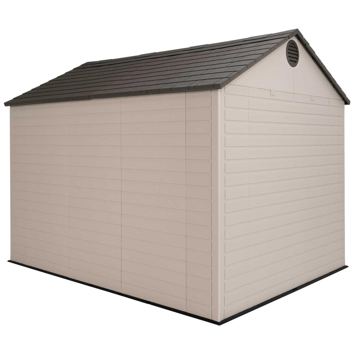 A Lifetime 8 Ft. X 10 Ft. Outdoor Storage Shed - 60332 in beige plastic on a white background.