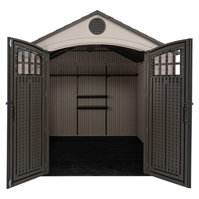 A Lifetime 8 Ft. X 10 Ft. Outdoor Storage Shed - 60332 with an open door.