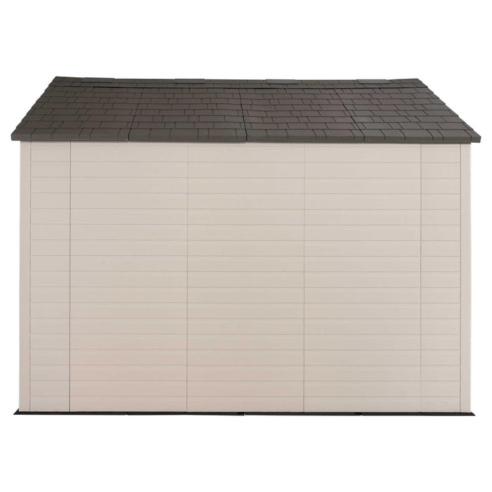 A Lifetime 8 Ft. X 10 Ft. Outdoor Storage Shed - 60332 with a black roof.