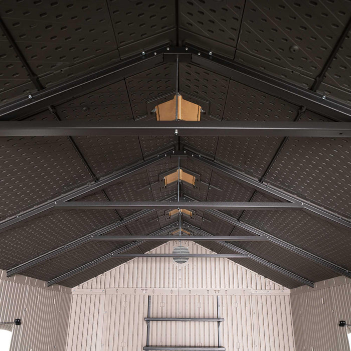 The ceiling of a garage with a Lifetime 8 Ft. X 12.5 Ft. Outdoor Storage Shed - 6402 metal roof.