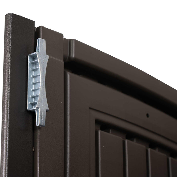 A close up of a Lifetime 8 Ft. X 12.5 Ft. Outdoor Storage Shed - 6402 with a metal latch.