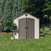 A Lifetime 8 Ft. X 12.5 Ft. Outdoor Storage Shed - 6402 in a grassy area.