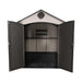 A Lifetime 8 Ft. X 12.5 Ft. Outdoor Storage Shed - 6402 with a door open.