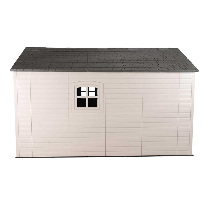 A Lifetime 8 Ft. X 12.5 Ft. Outdoor Storage Shed - 6402 with a black roof.
