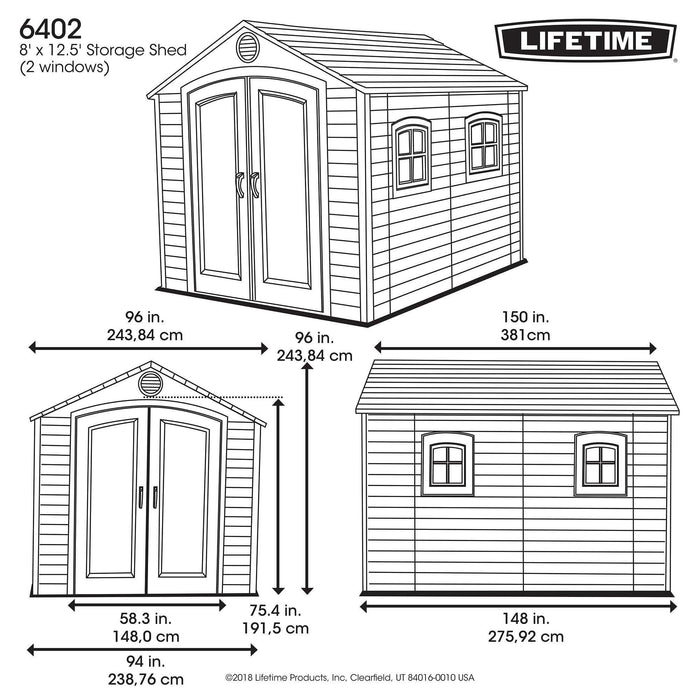 Lifetime 8 Ft. X 12.5 Ft. Outdoor Storage Shed - 6402 with doors and windows specs