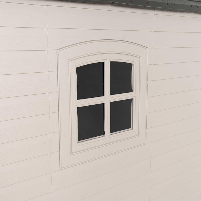 A window of the Lifetime 8 Ft. X 12.5 Ft. Outdoor Storage Shed - 6402