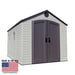A Lifetime 8 Ft. X 15 Ft. Outdoor Storage Shed - 60075 with an American flag on it.