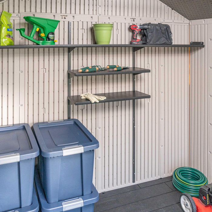 A Lifetime 8 Ft. X 15 Ft. Outdoor Storage Shed - 60075 with shelves and bins.