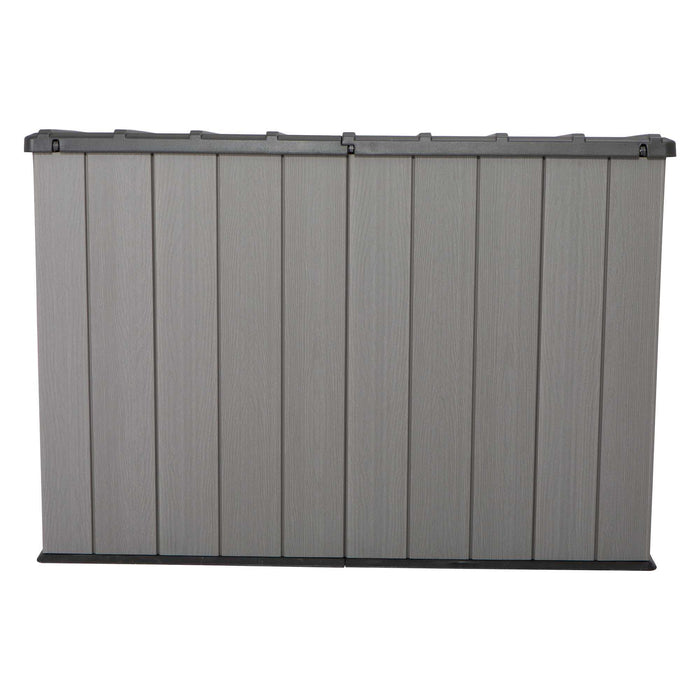 A Lifetime Horizontal Storage Shed - 60296U in grey and black on a white background.
