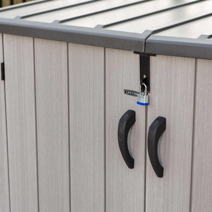 A Lifetime Horizontal Storage Shed - 60296U with a lock attached to it.