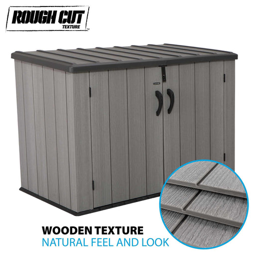 Lifetime Rough Cut Storage Shed with wooden texture natural feel and look.
