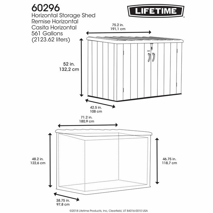 A diagram showing the dimensions of a Lifetime Horizontal Storage Shed - 60296U.