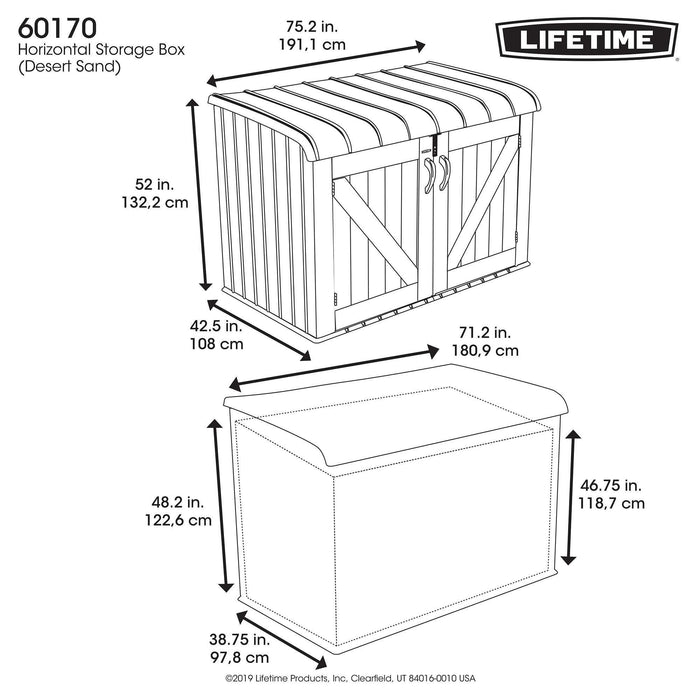 A diagram showing the dimensions of a Lifetime Horizontal Storage Shed (75 Cubic Feet) - 60170 by Lifetime.