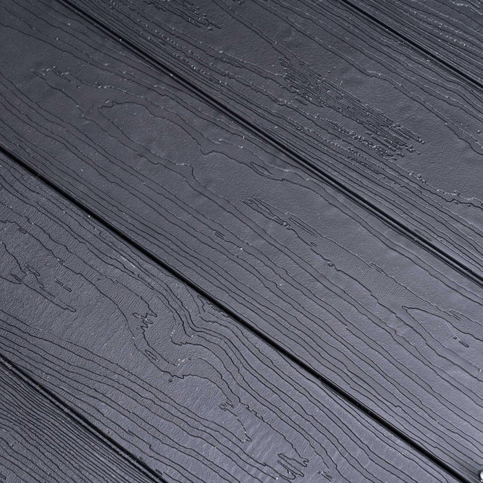 A close up view of a Lifetime Horizontal Storage Shed (75 Cubic Feet) - 60341 black wood deck.