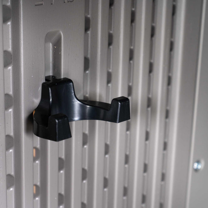A Lifetime Utility Shed - 60331U hook on the side of a metal locker.