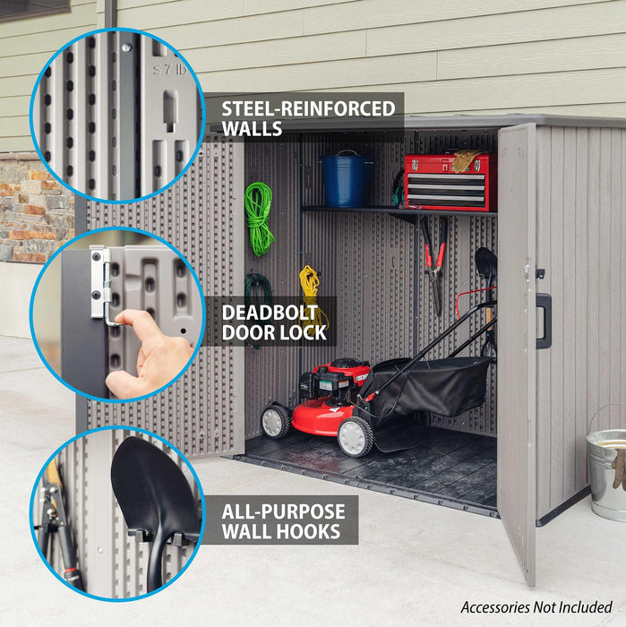 A Lifetime Utility Shed - 60331U with a lawn mower and other tools.