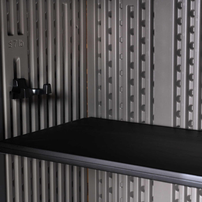 A black Lifetime Utility Shed - 60331U in a metal storage cabinet.