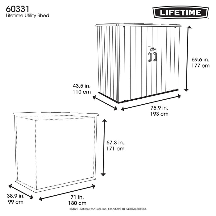 A diagram showing the dimensions of a Lifetime Utility Shed - 60331U.