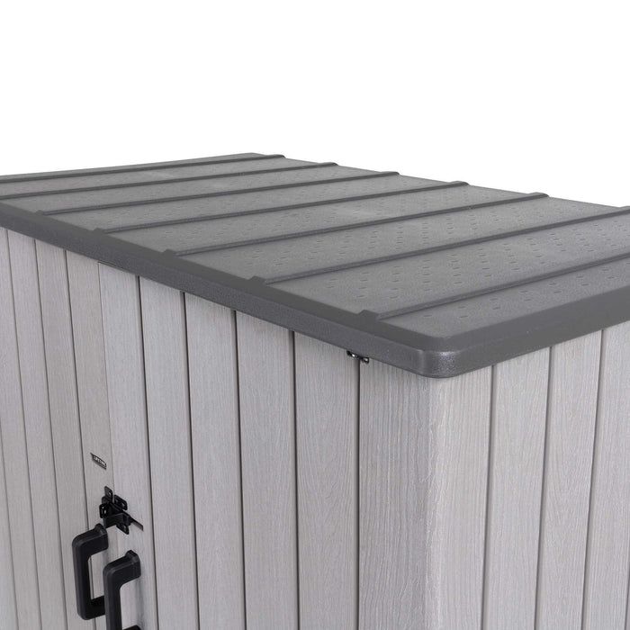 A Lifetime Utility Shed - 60331U with a grey roof.