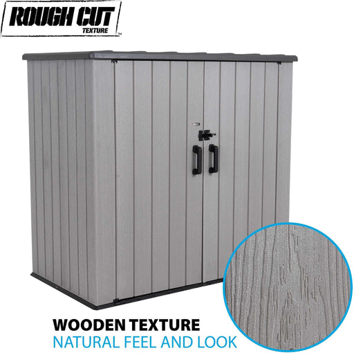 Lifetime Utility Shed - 60331U in grey with a wooden texture.
