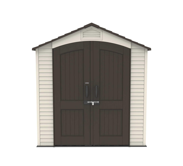 A front view of a shed on a white background.