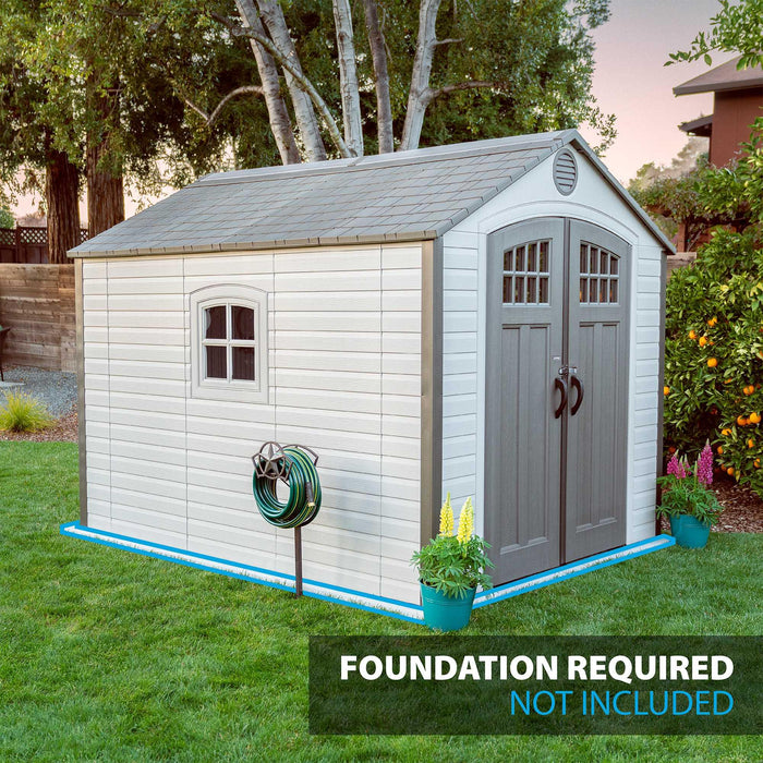 An 8 x 10 ft shed displaying the need for a floor foundation which is not included 