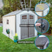 Icons featuring a weather resistant, lockable doors, and UV protected storage shed