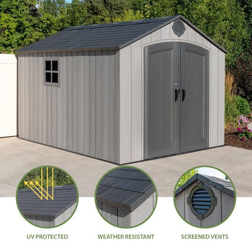 Storage shed with icons featuring UV protection, weather resistance, and screened vents