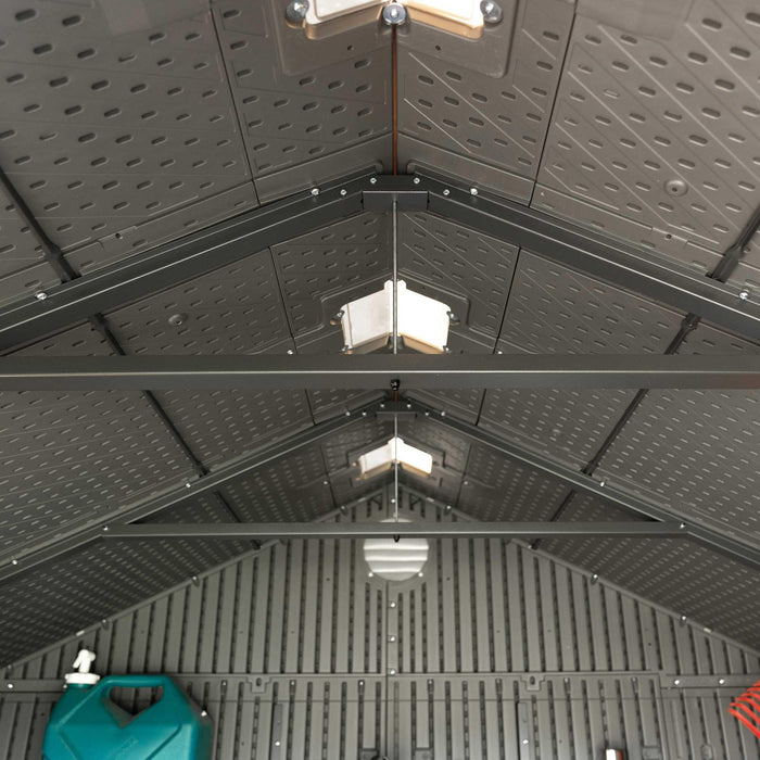 Interior view of shed ceiling featuring skylight