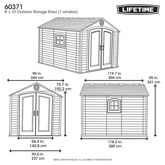 A diagram showing the dimensions of a shed by Lifetime.