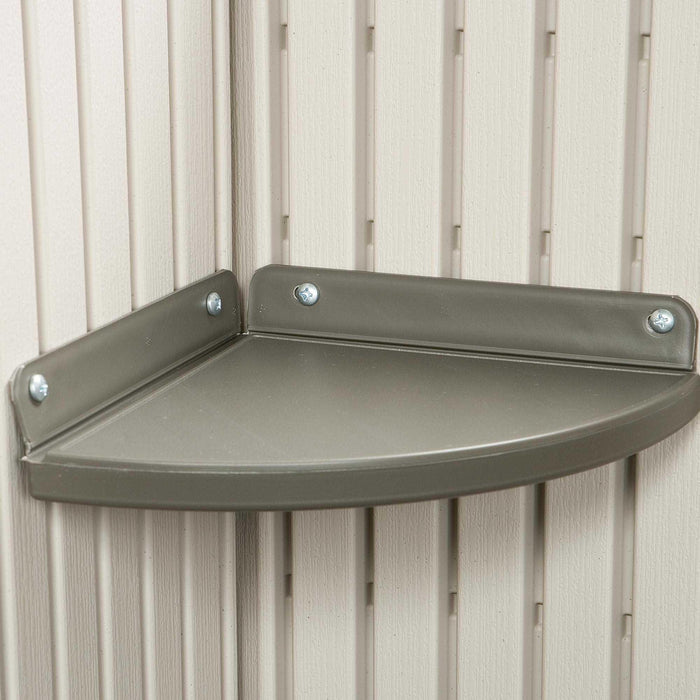 A corner shelf attached to a wall in a storage room.