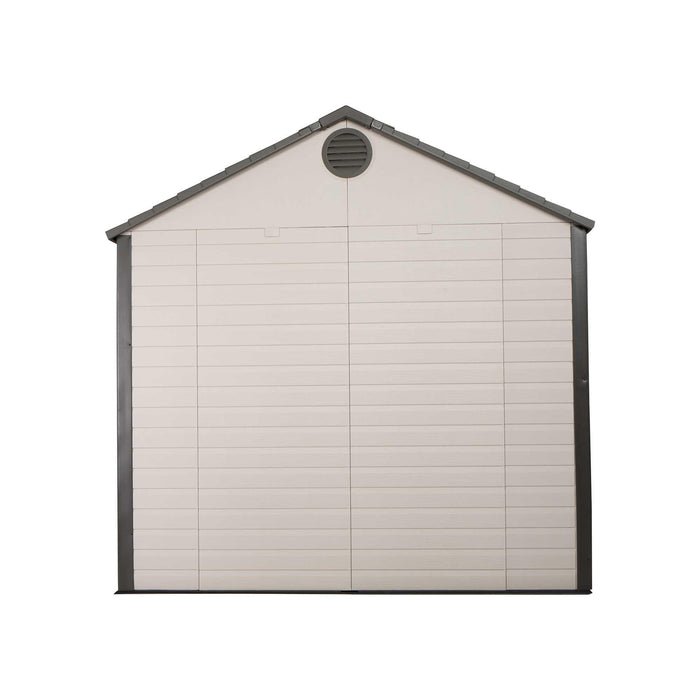 Rear view of a storage shed featuring a vent on a white background.