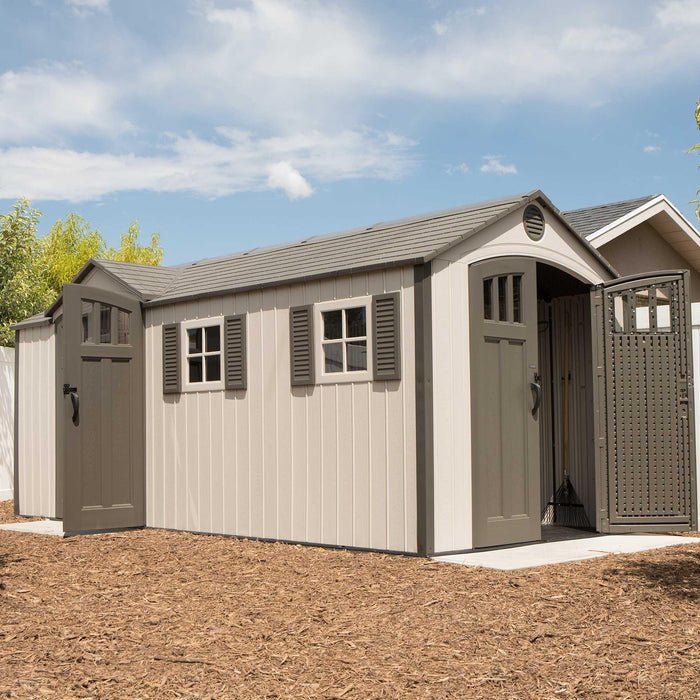 A Lifetime 17.5 Ft. X 8 Ft. Outdoor Storage Shed  outdoors with some of the doors opened